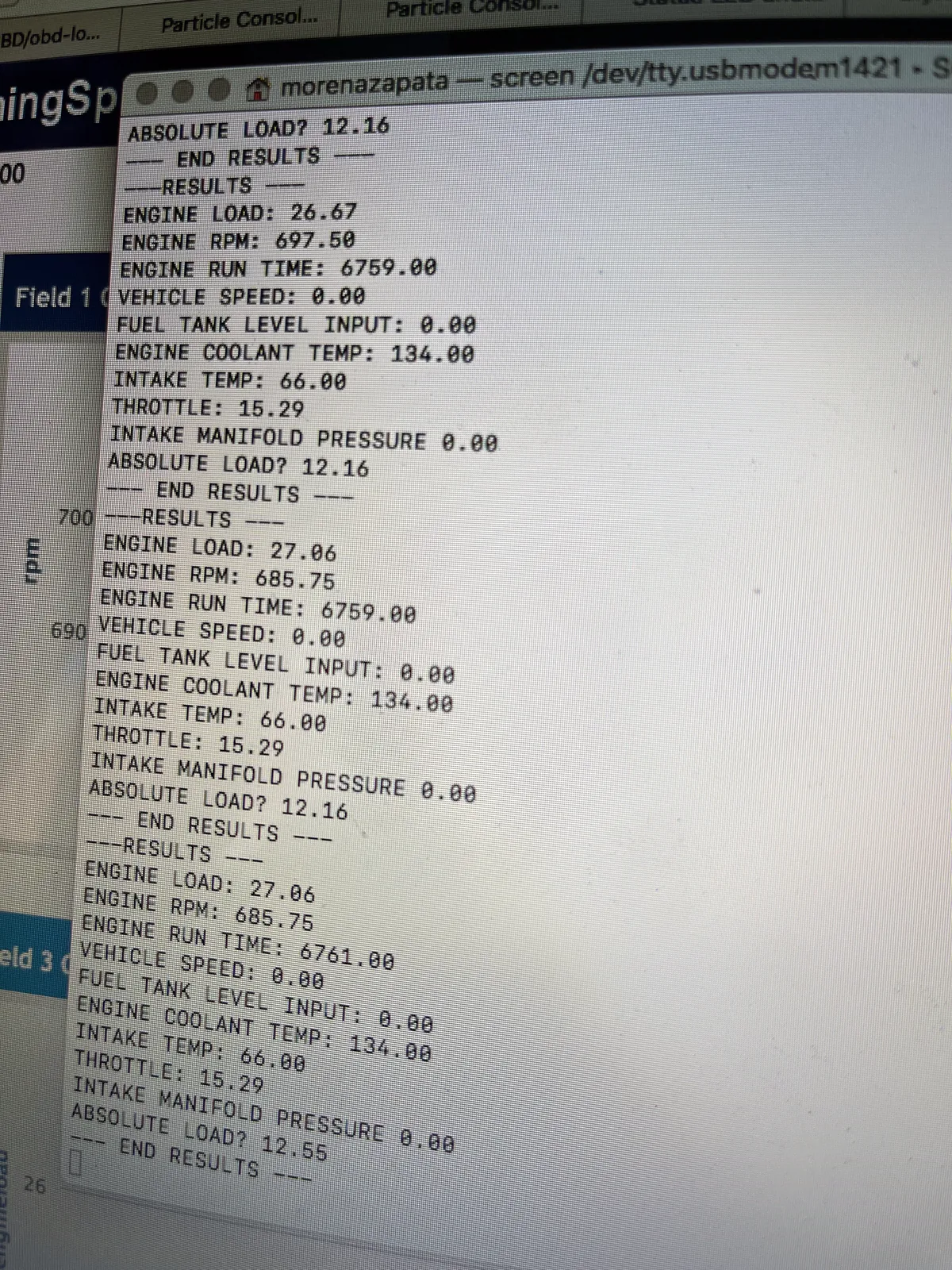 Captured console output from the recorded vehicle-data run